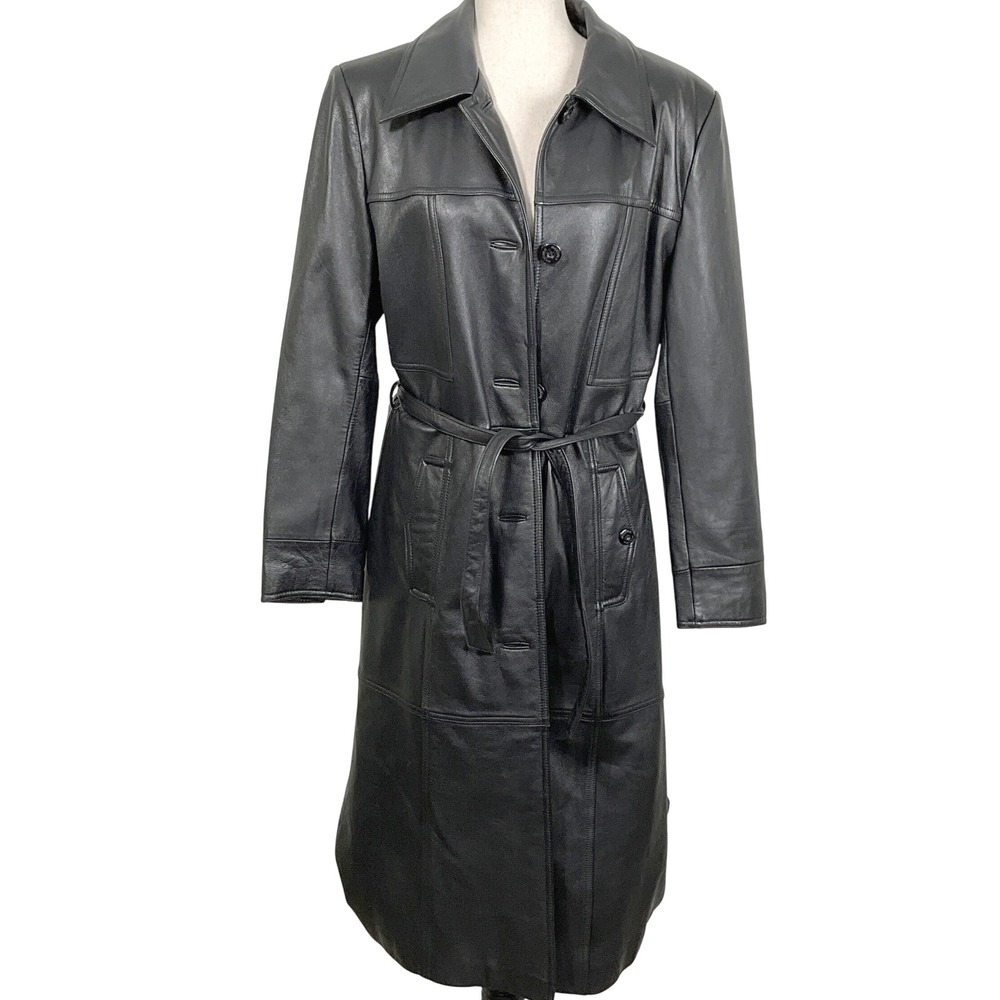 Classic Black Leather Trench Coat - Women's Long Belted Trench